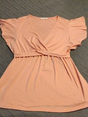 Delicate Peach Wrap-Front Flutter Sleeve Tunic